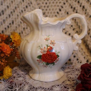 VNTG Atners Victorian Pitcher Gift/1975 Atners Small White Ceramic Red Roses Decorative Ornate Water Pitcher Vase/Cottagecore Pitcher Gift