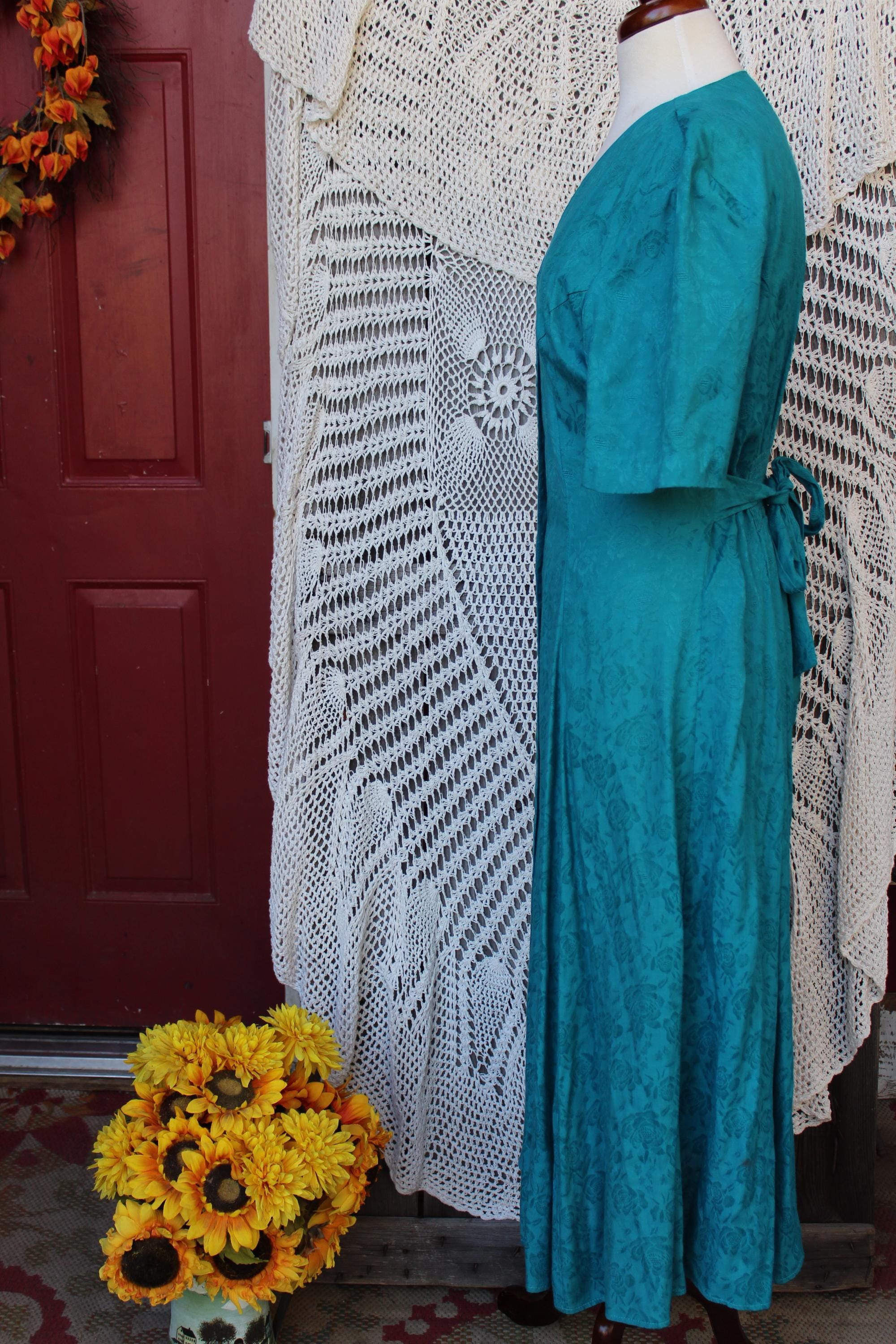 90s Long Turquoise Dress/vintg Silky Rayon Modest Dress/v 90s Long Turquoise Dress/vintg Silky Rayon Modest Dress/v
