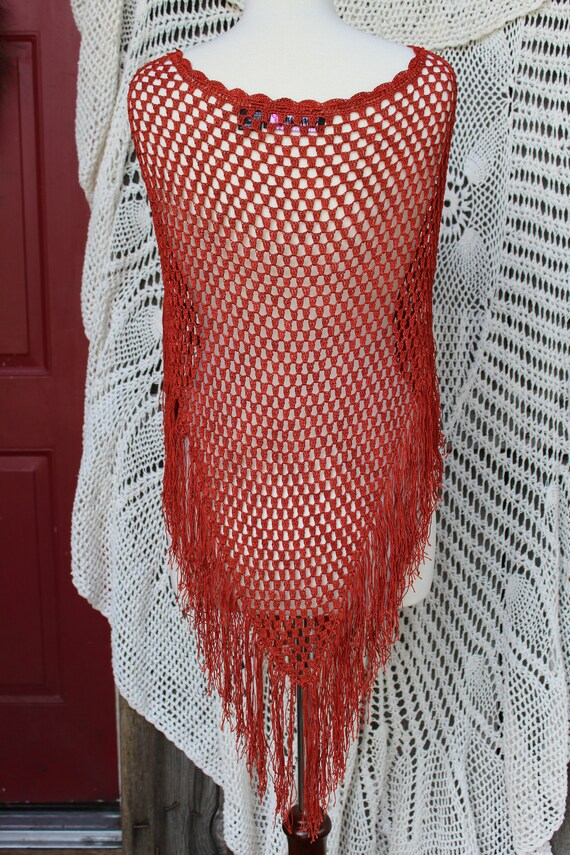 Ladies Delicate Fringed Shawl / Vintage Rust Colo… - image 10