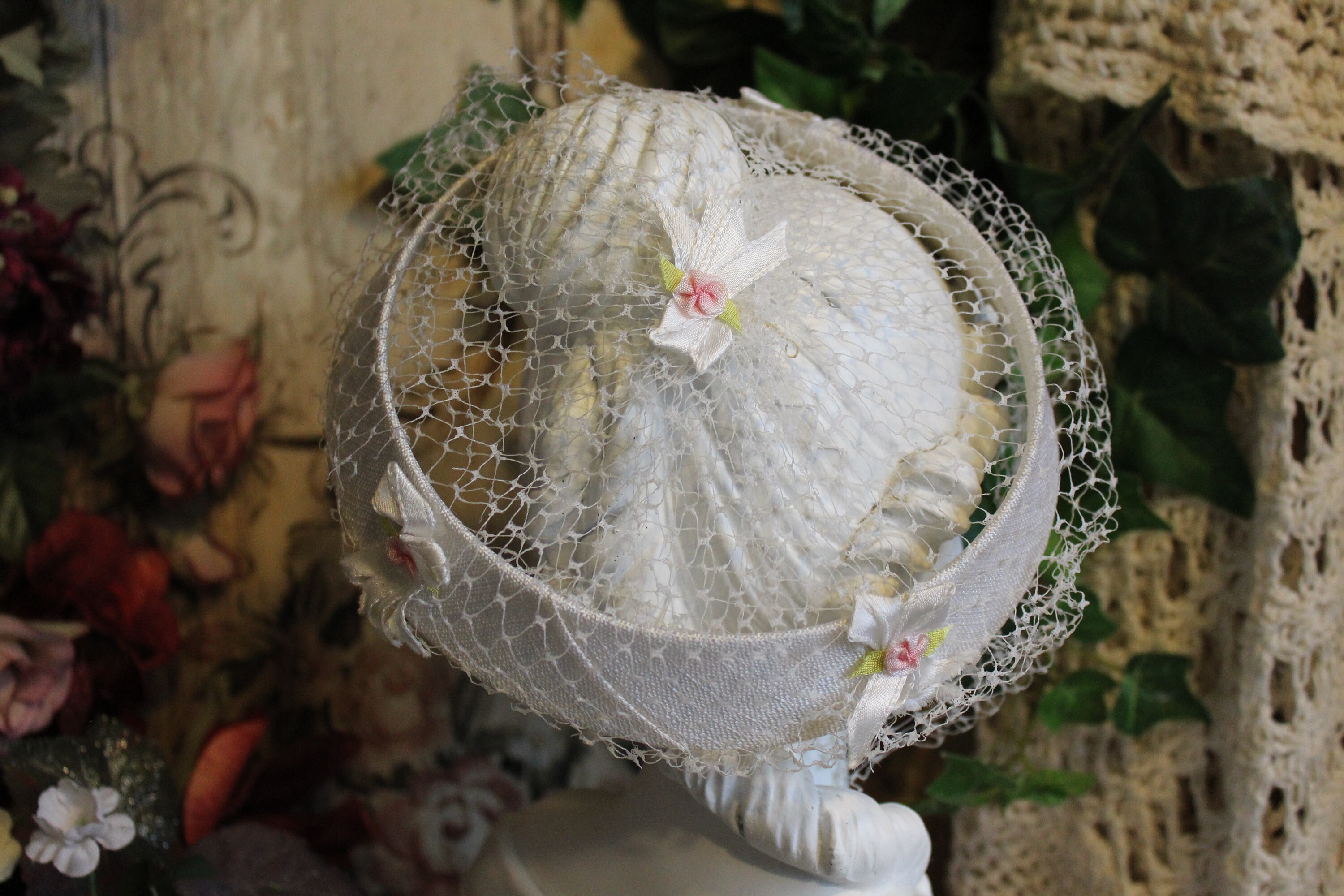 Ladies Vintage White With Pink Flowers Ribbon & Netting Etsy
