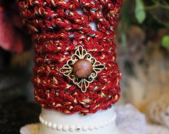 Ladies Soft And Lively Reddish Speckled Tweed Look Festively Fun Hand Crocheted Fingerless Gloves - One Size