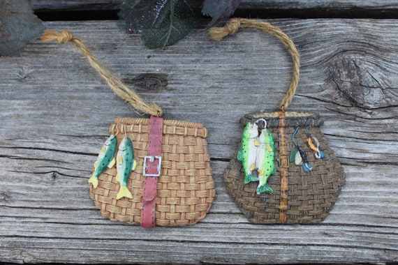 Set of 2 Fishing Creel Ornaments / Vintage Fishing Christmas Tree  Ornaments, Gift / Country Holiday Rustic Cabin Fishing Creel Ornaments 