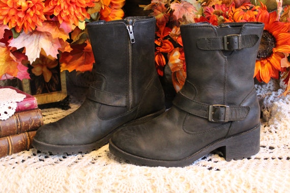 Ladies Y2K Grunge Punk Biker Boot Black Leather Buckled Block Heel Tall Ankle Boots Size 7 1 2 M Etsy