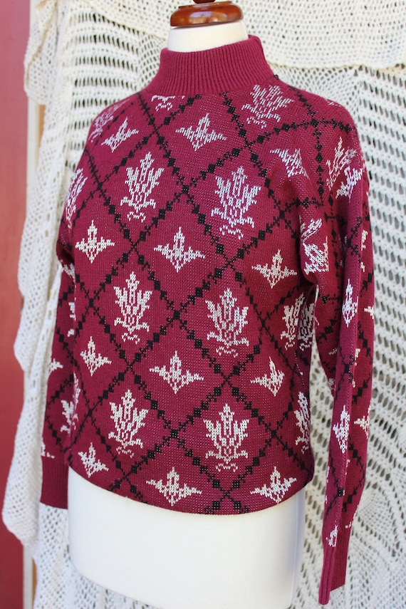 Ladies Burgundy Sweater, Vintage High Neck Burgund