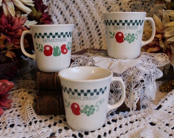 80's Fruit Themed Mugs / Apples, Pears, Grapes, Green Checkered Mugs, Cups / Corning, Corelle Ivory, Green, Red Coffee, Mugs With Handles
