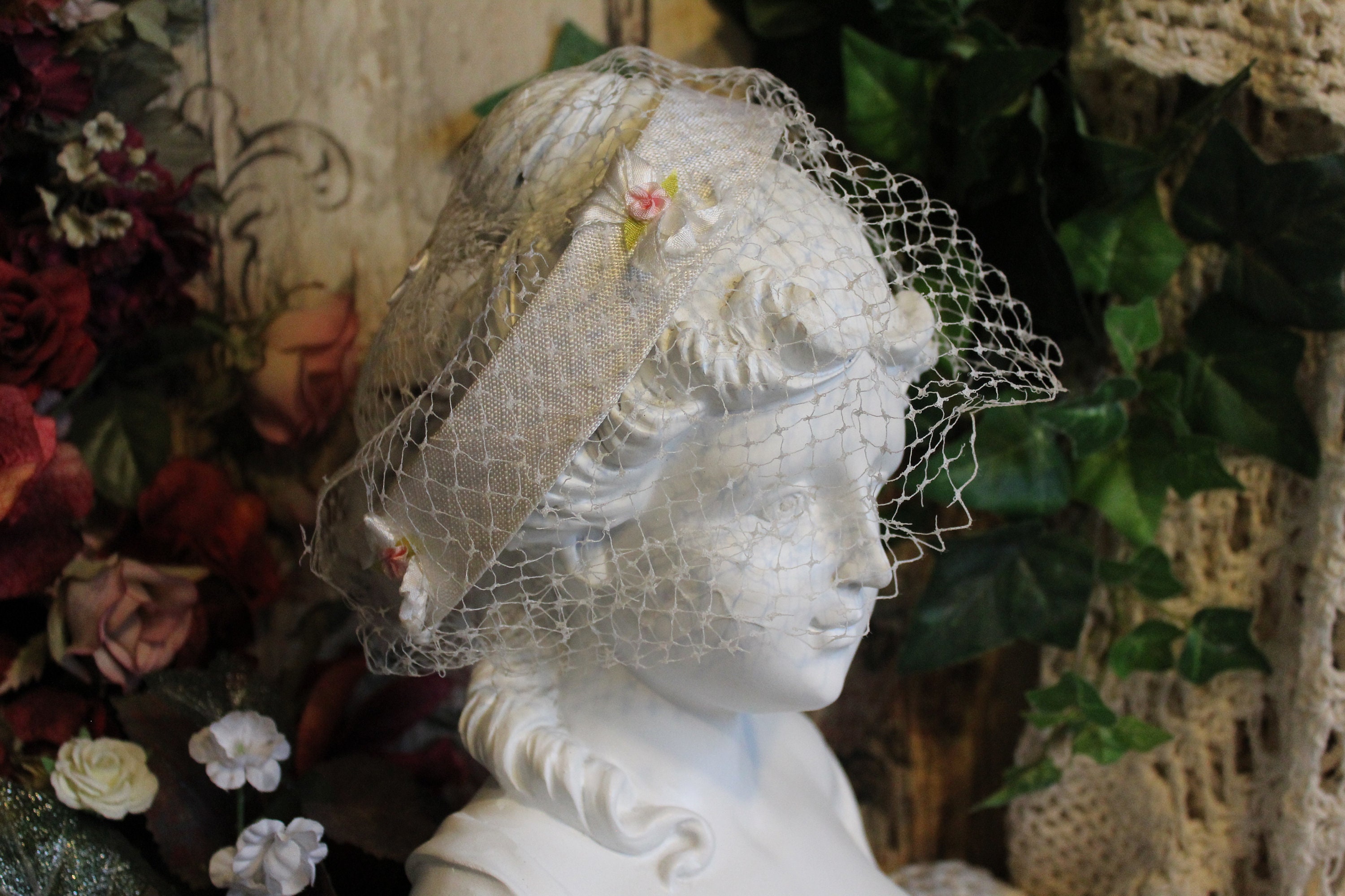 Ladies Vintage White With Pink Flowers Ribbon & Netting Etsy