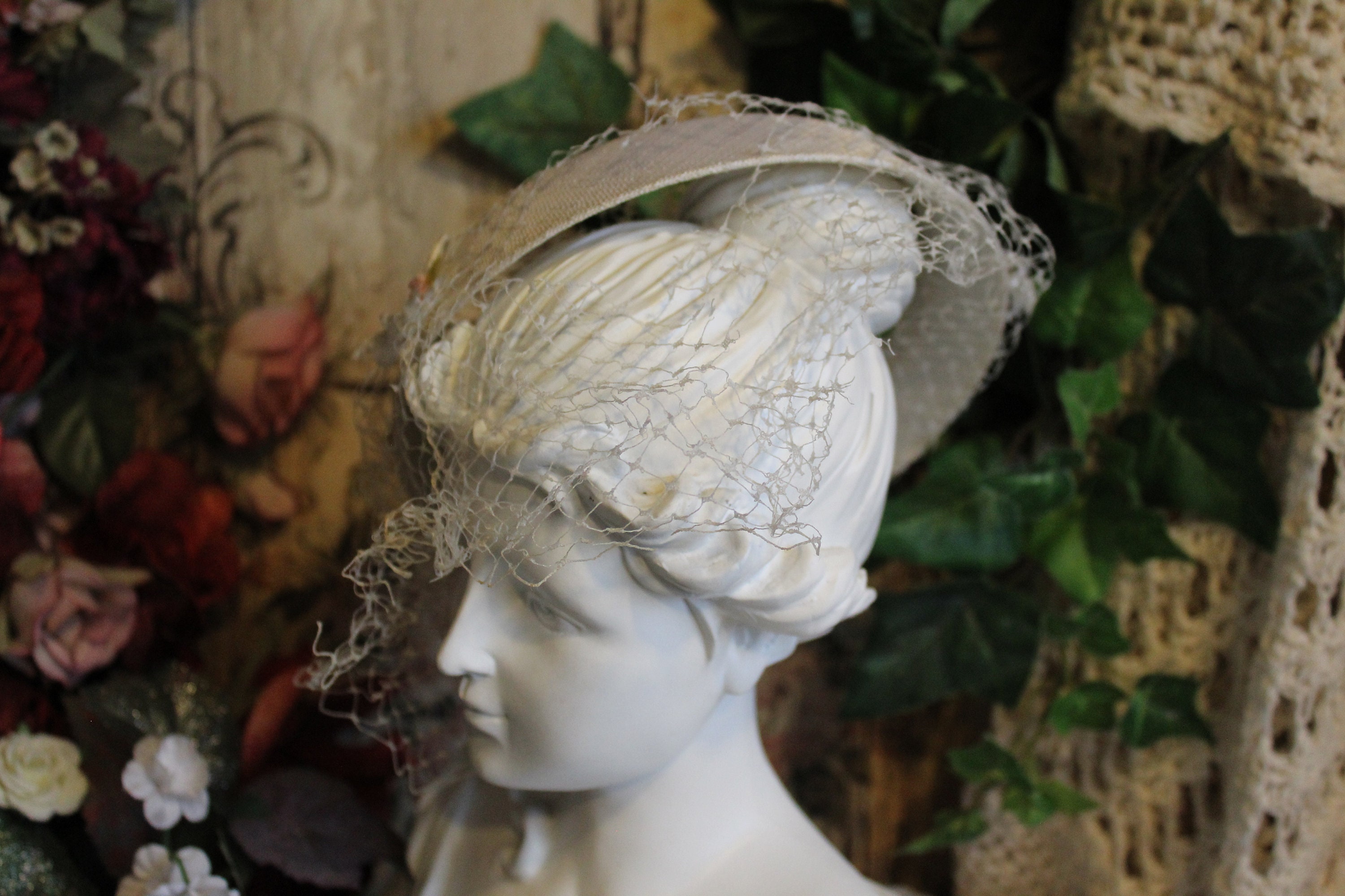 Ladies Vintage White With Pink Flowers Ribbon & Netting Etsy