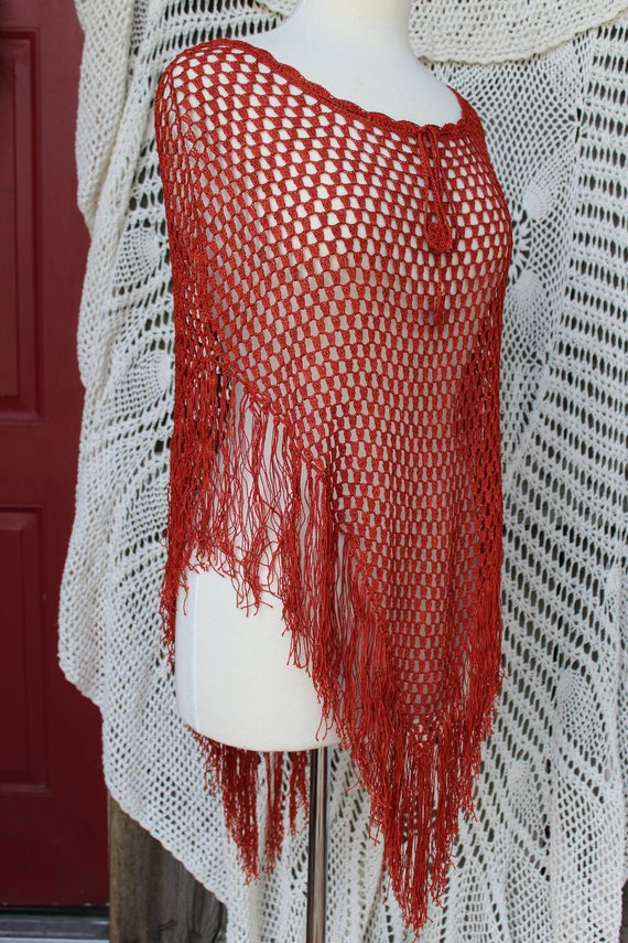 Ladies Delicate Fringed Shawl / Vintage Rust Colo… - image 8