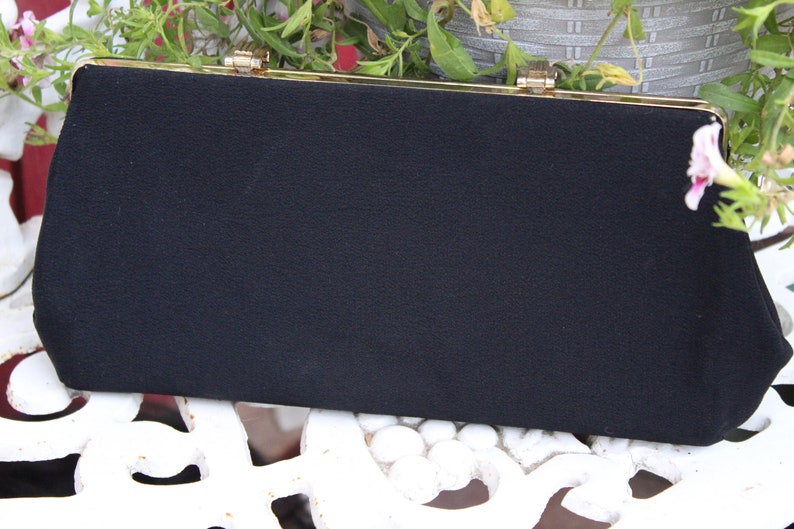 Ladies Fun & Classy Vintage 50's Small Black Fabric with Gold Tone Fold Over Clasp Closure Clutch / Purse image 5