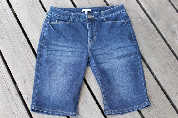 Ladies Dark Blue Long Denim Shorts Biker Length Jean Shorts Streetwear Jean Shorts Capri Shorts Vintage Stretchy Jean Shorts Size 8 Etsy