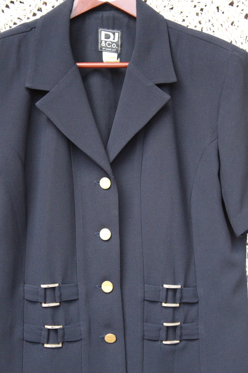 Size 14 Ladies Vintage 1980/'s Dark Navy Blue Brass Buttoned Summer Dressy Blouse Jacket