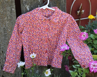 Toddler Girls Vintage 80's Red with Flowers Long Puffed Sleeves Button Up Cotton Blouse /  Top - Size 2 T