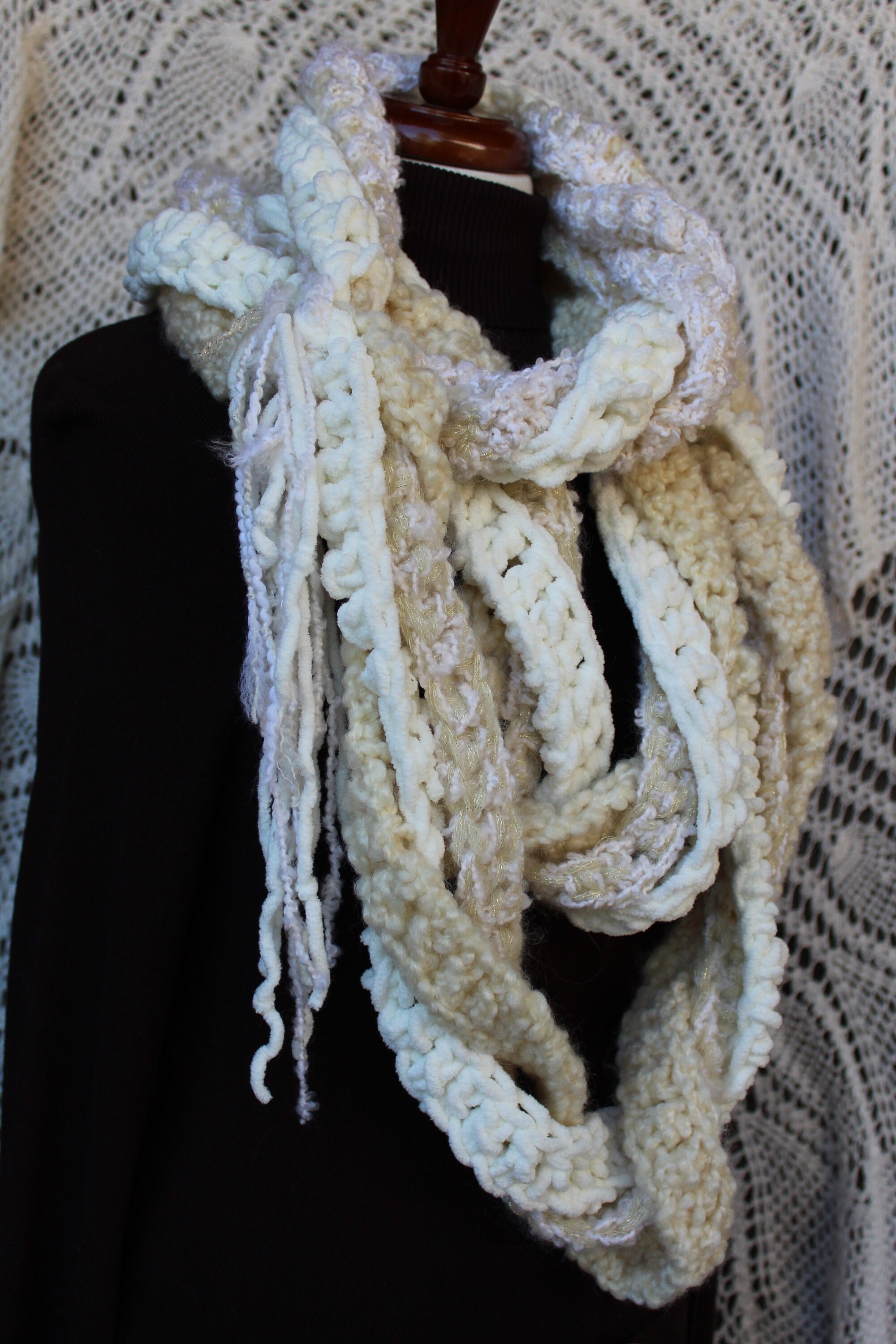 Ladies Chunky Infinity Scarf / Creamy Off-White - Oatmeal with Golden Thread Hand Crocheted Extra Long Scarf / Handmade One of A Kind Scarf