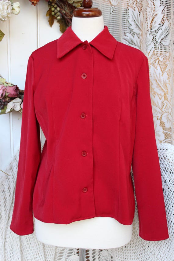 Red Polyester Fitted Blouse, 90's Dagger Collar L… - image 10