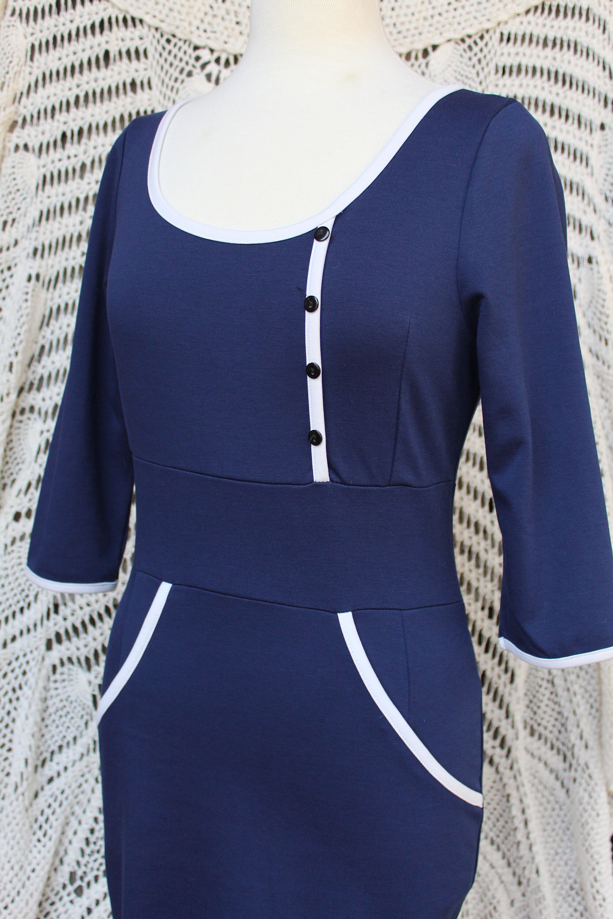 navy blue and white bodycon dress Elegant Work Pencil Dress White Bodycon Navy Blue Midi Dress – Loveiss main image 1