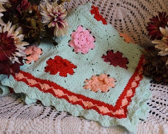 Summery Floral Throw, 80s Cottage Core Granny Square Afghan, VINTG Handcrafted Crocheted Throw, Blanket, Artisan Made Small Afghan