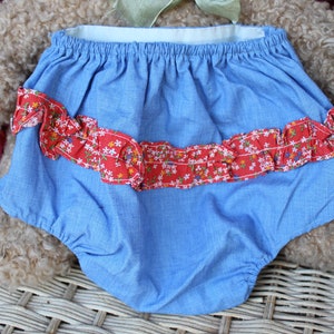 6-9 Mos. Lined Baby Bloomers / VNTG Baby&#39;s Ruffled Flowery Red, Blue Plastic Lined Diaper Cover Pants / Fancy Baby Bloomers, Underpants