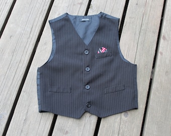 Colete infantil elegante preto/risca de giz/formal/noiva/colete cowboy – tamanho 7