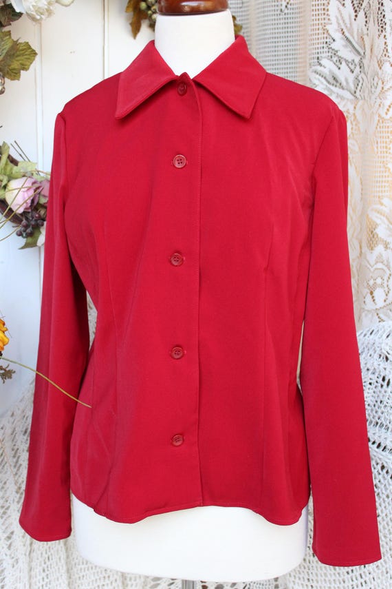 Red Polyester Fitted Blouse, 90's Dagger Collar L… - image 9