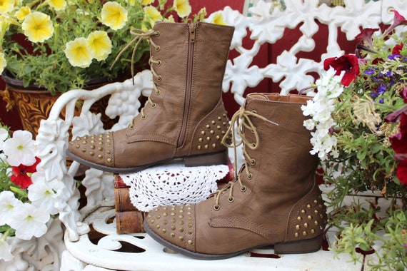 Ladies Vintage Y2k Brown Grunge Military Look Lace Up Zippered Studded Tall Ankle Statement Boots Size 8 Etsy