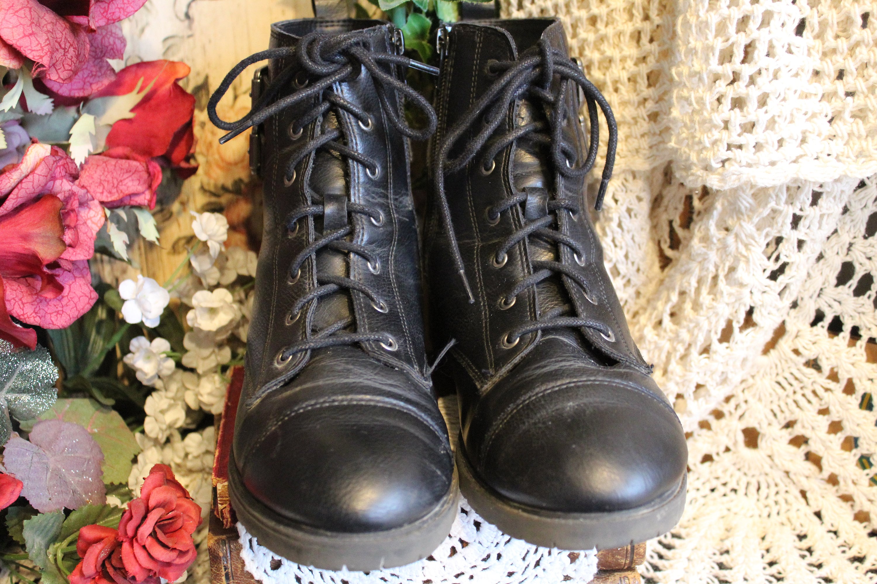 Men's Y2K Vegan Black Lace Up, Side Zipper, Buckled Military