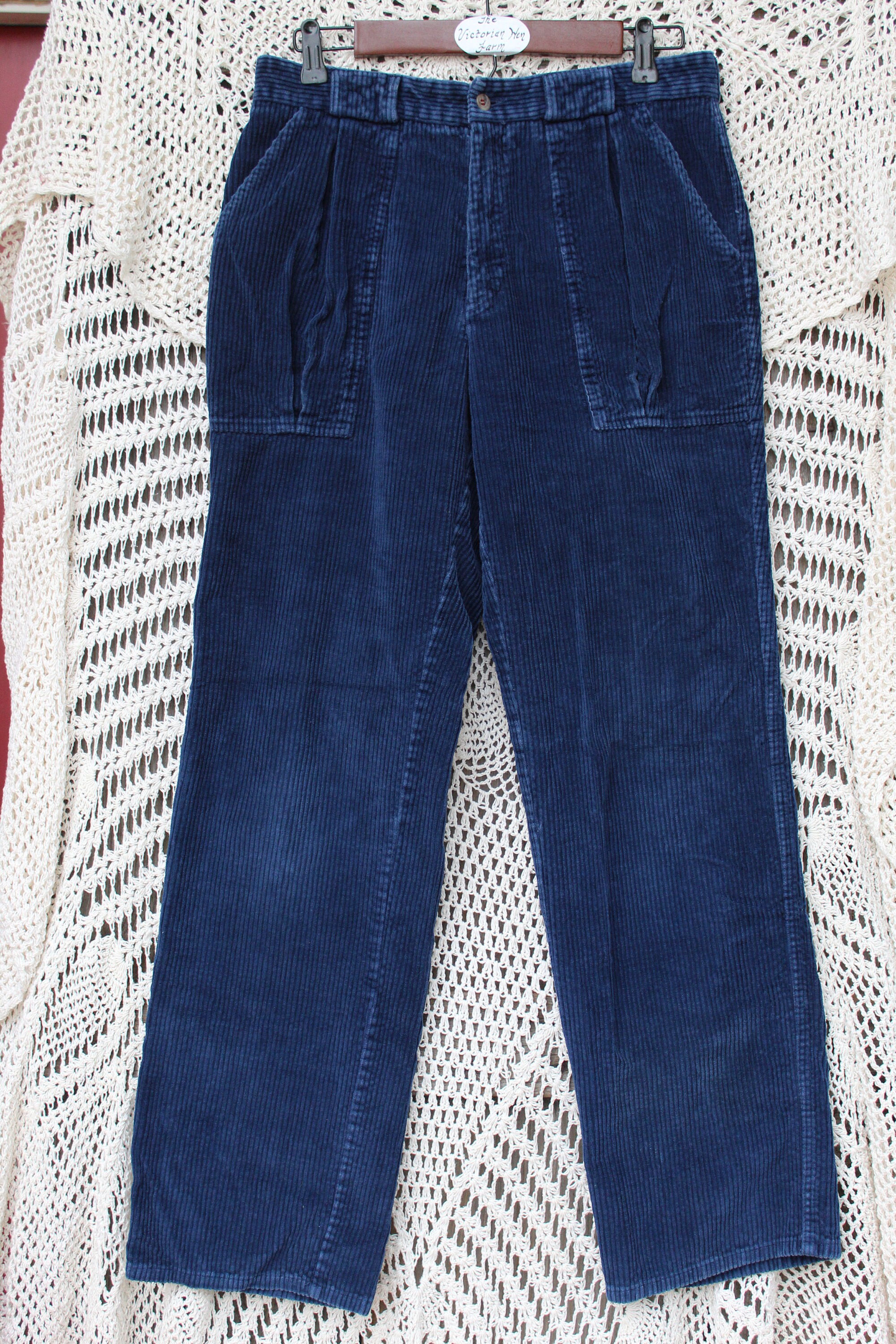 Ladies Navy Blue Wide Wale Corduroy Trousers' Vintage Pleated