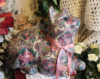 Large Adorable Victorian Floral / Paisley Print Cat Door Stop / Figurine