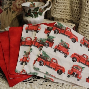 Handmade Red/White &quot;Christmas Past&quot; Zero Waste, Earth Friendly, Reusable, Un-Paper, 2-Ply Cloth, Cotton Fabric Napkins - 6&quot; x 6&quot;