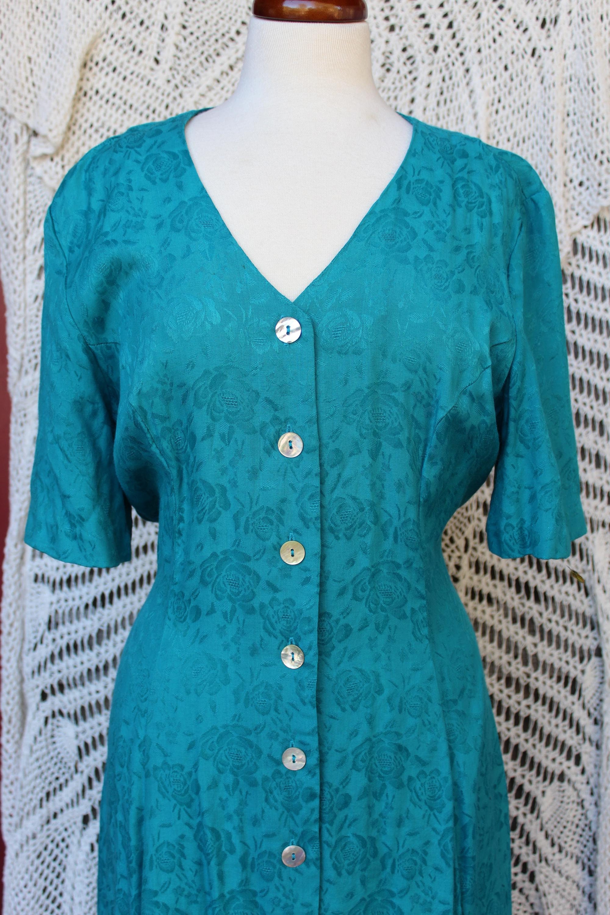 90s Long Turquoise Dress/vintg Silky Rayon Modest Dress/v 90s Long Turquoise Dress/vintg Silky Rayon Modest Dress/v
