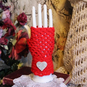 Ladies Red/Silver Sparkle Your Heart Hand Crocheted Acrylic/Wool Fingerless Gloves- One Size