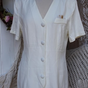 90s Ivory Fitted Blouse Top/Ladies VNTG Made in USA Long Rayon Button Closure Short Sleeve Blouse/Career, Office, Secretary Wear - Size L