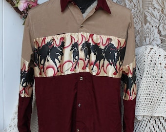 VNTG Western Rodeo Shirt/90's Designer RS Valaee'z Cowboy Flaming Horse Picture Shirt/Men's Flashy Rodeo Line Dance Club Wear/Cowboy Gift