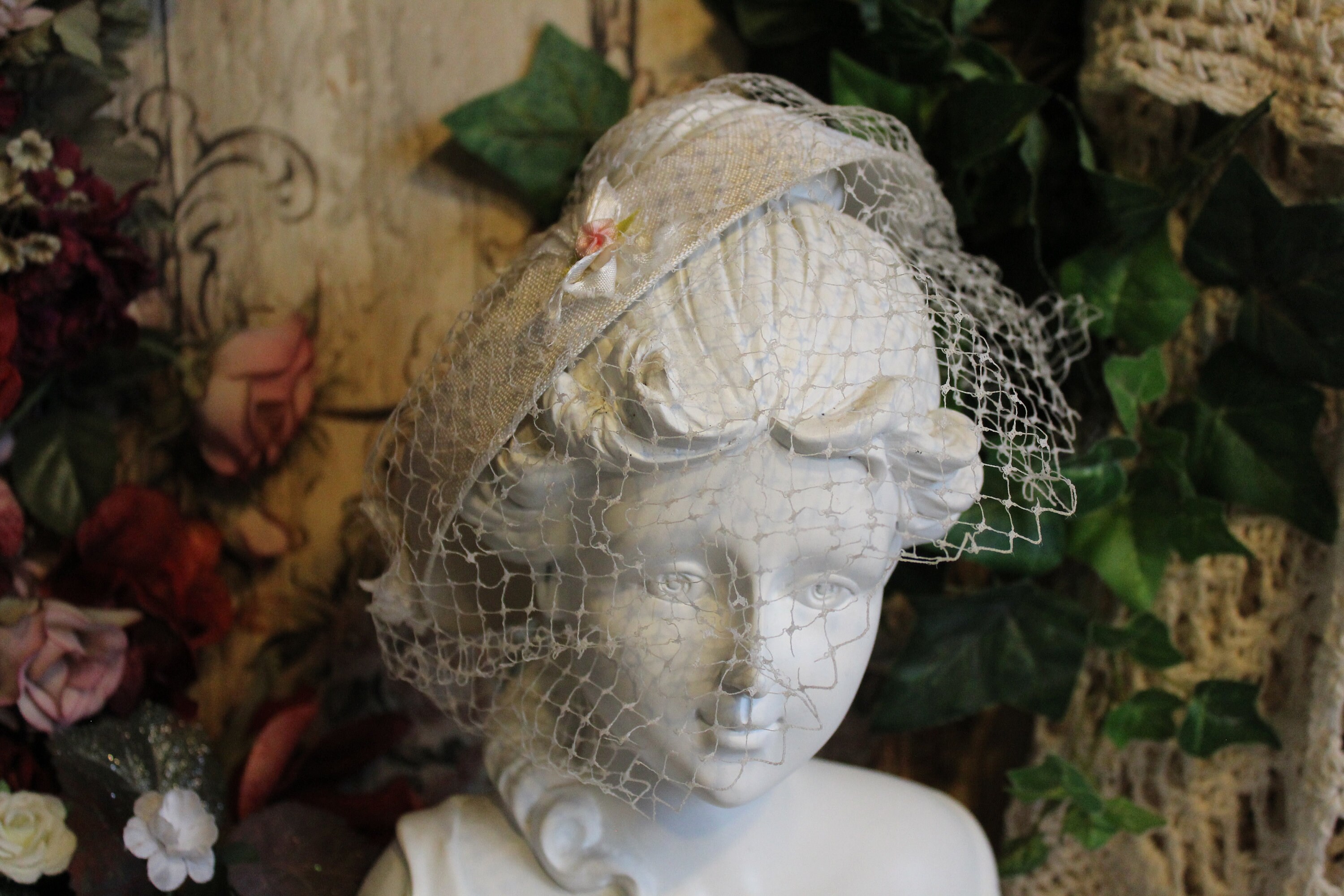 Ladies Vintage White With Pink Flowers Ribbon & Netting Etsy