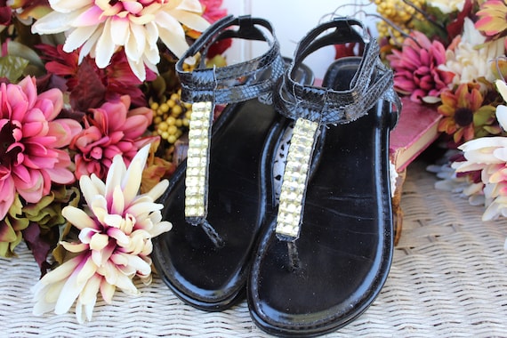 Ladies Vegan Black Strappy Flat Sandals VINTG Glitzy Faux Gems Summer Sandal Beach Footwear Fancy Summer Sandal Velcro Closure Size 6 Etsy