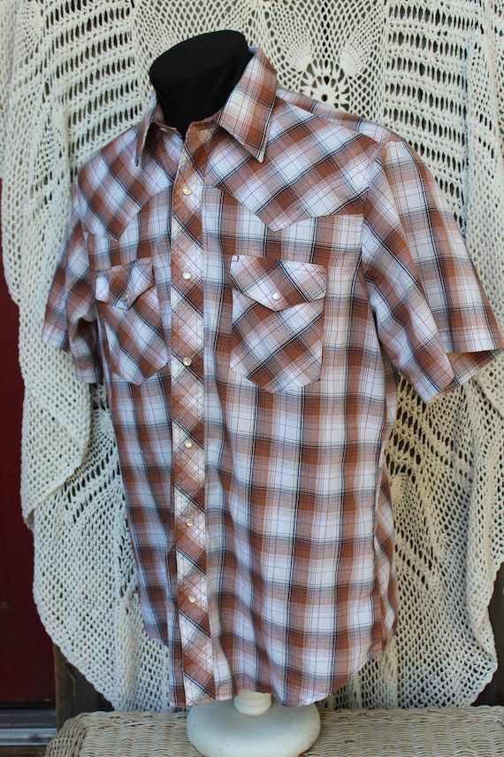 Men's Plaid Western Shirt, VINTG Short Sleeve Plaid Wrangler Shirt