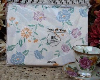 Stitched Floral Pattern 80's Twin Flat Sheet NOS By JCPenney - Poly / Cotton 160 Thread Count Twin Size Sheet