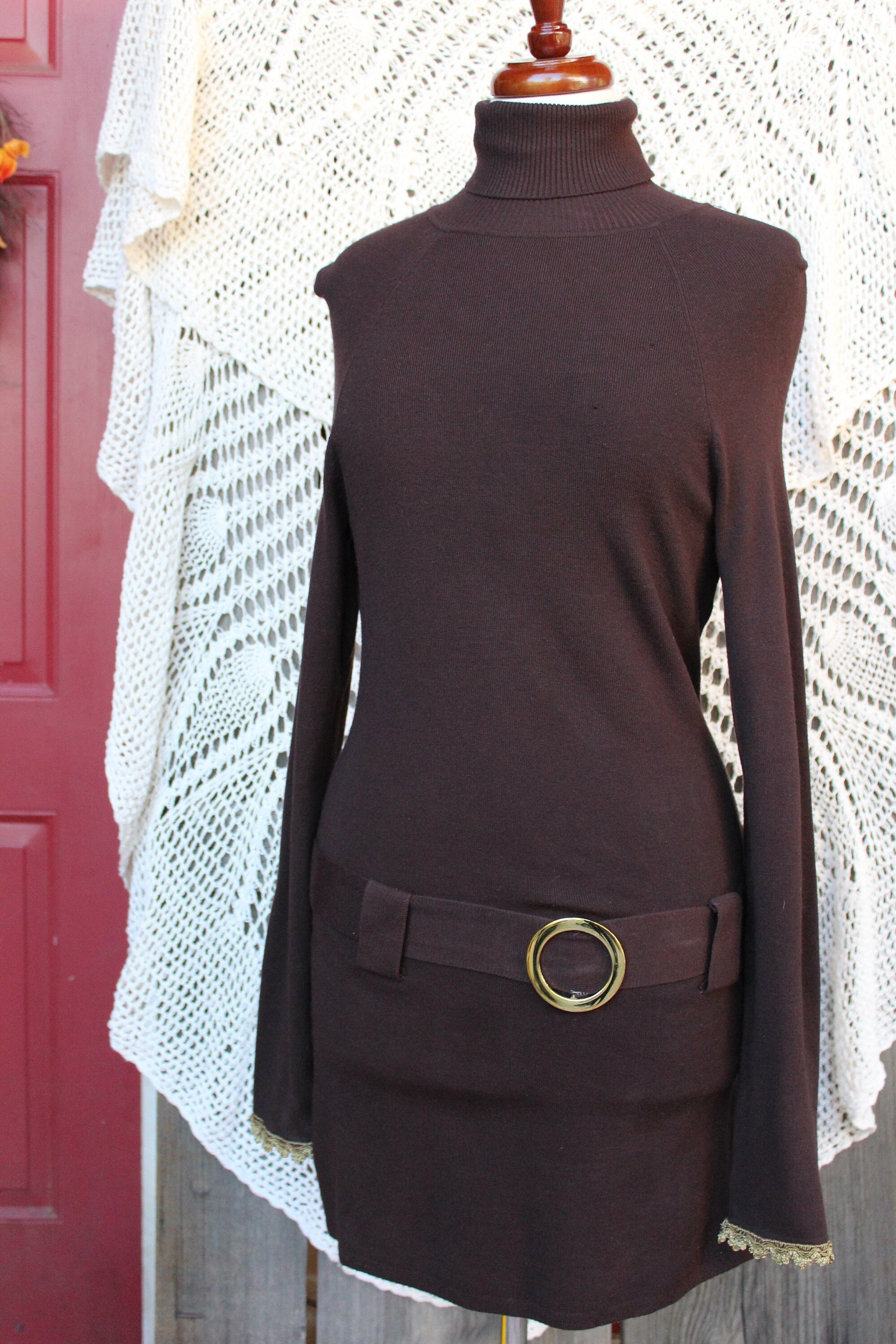 Ladies Refashioned Bodycon Belted Turtleneck Top Upcycled Dark