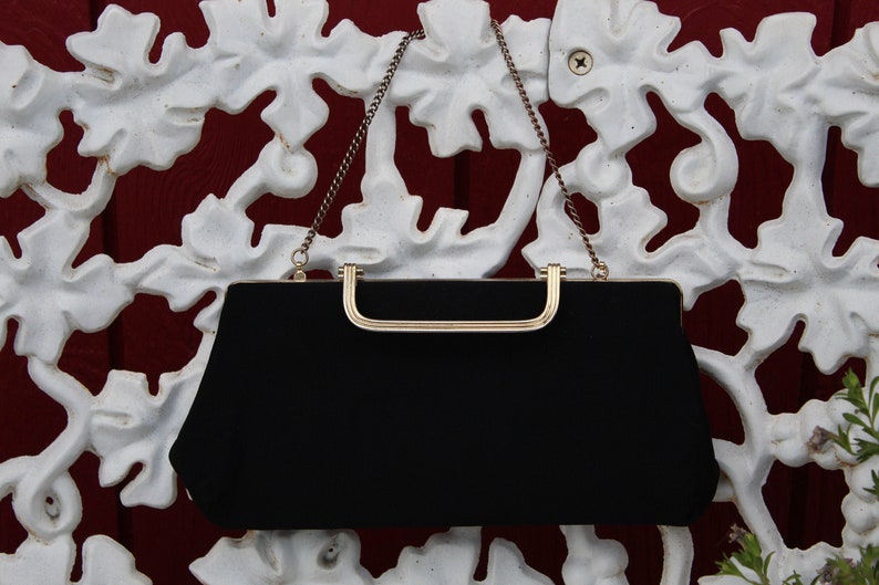 Ladies Fun & Classy Vintage 50's Small Black Fabric with Gold Tone Fold Over Clasp Closure Clutch / Purse image 1