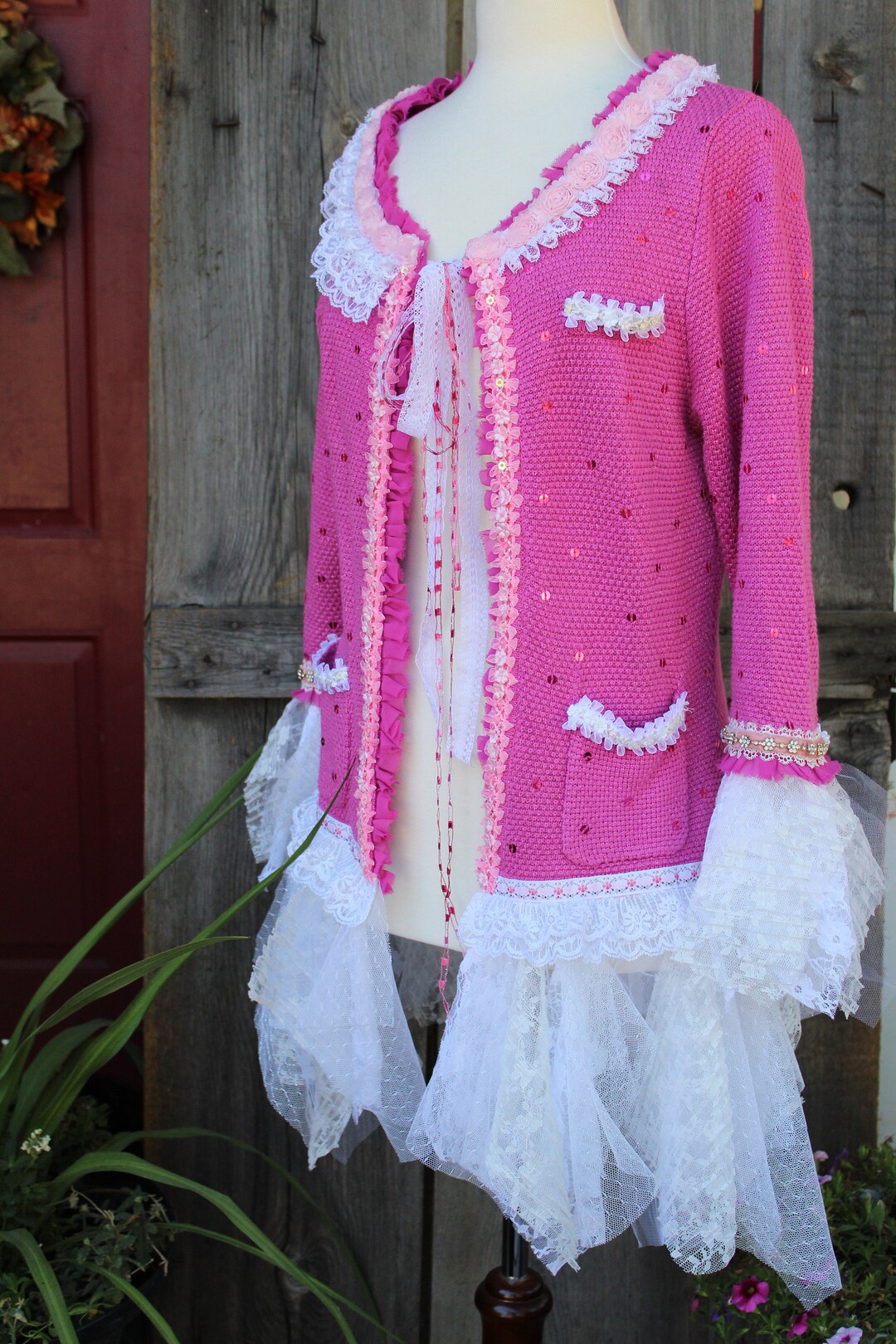 Lacey ribbon cardigan Pink