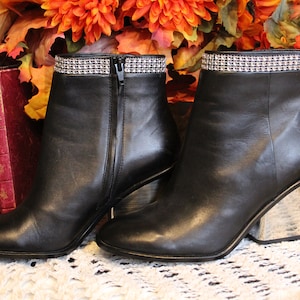 Ladies Vintage Refashioned Black Leather Silver Block Chunky Heel Ankle Boots - Size 8