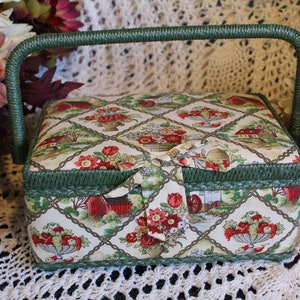 Cottage Fabric Sewing Chest / Vintage Medium Size Green Trim Sewing Notions, Mending, Needlework, Crafting Storage Chest, Basket, Hobby Gift
