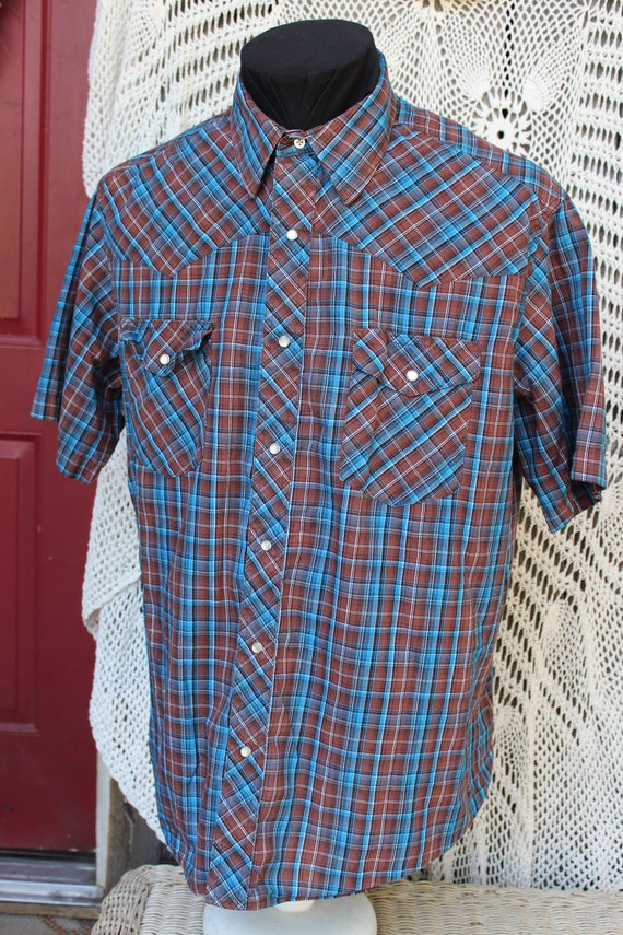 Camisa Wrangler a cuadros azul para hombre algodon VINTG cierre a presion de perla blanca polivinilica manga corta Cowboy Rodeo Work Ranch Wear camisa occidental talla XL Etsy Espana