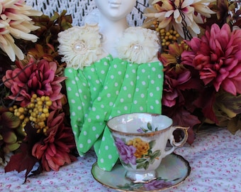Ladies "Fashion Girl" Green / White Polka Dot Cloth Gardening Gloves / Grippy Chore Gloves / One Of A Kind Work Gloves - One Size
