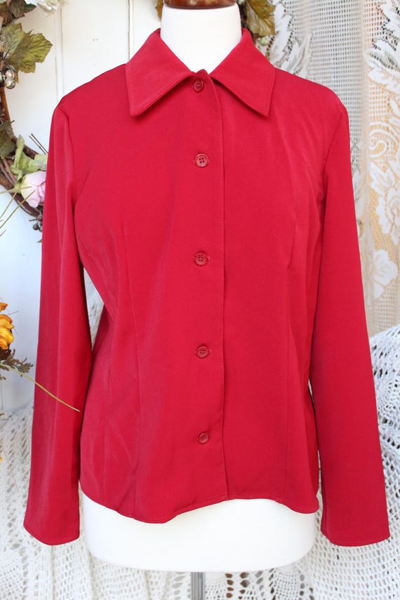 Red Polyester Fitted Blouse, 90's Dagger Collar L… - image 3