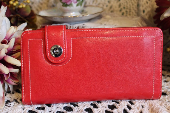 Ladies Red Vegan Wallet, Clutch VINTG Wide Stitch… - image 1