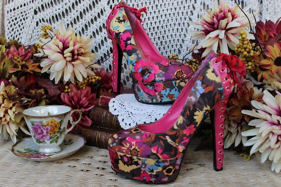 Ladies Y2k Sexy Hot Pink Lace up Floral Fabric Giant Platform Stiletto Heels Etsy Australia