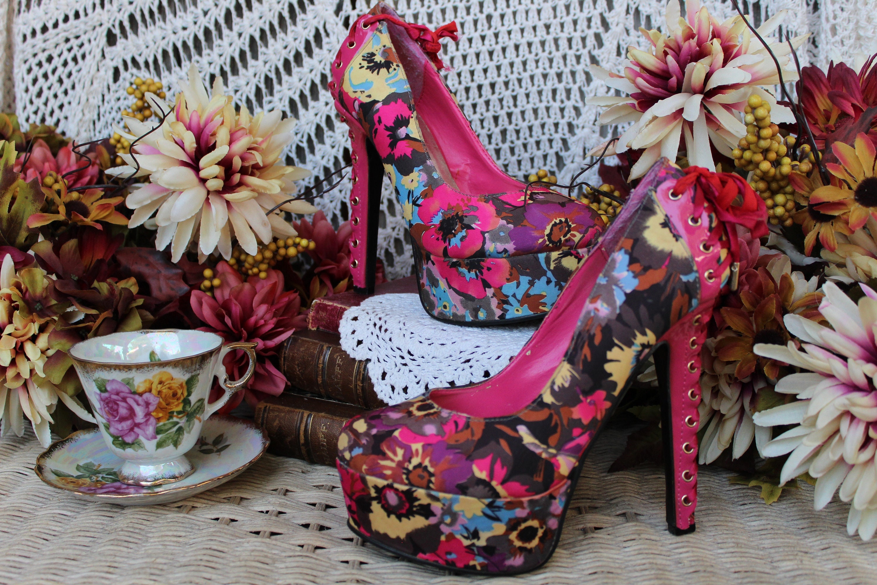 Ladies Y2k Sexy Hot Pink Lace Up Floral Fabric Giant Platform Stiletto Heels