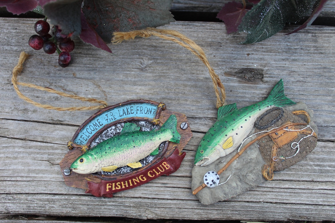 Set of 2 Fish Ornaments / Vintage Fishing Christmas Tree Ornaments, Gifts / Fly Fishing