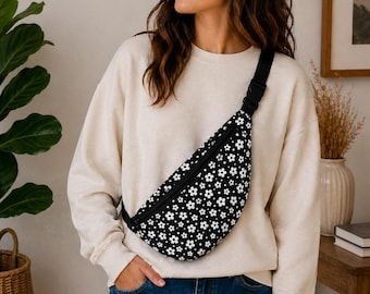 ブラックデイジープリントのウエストポーチ｜花柄ウエストバッグ、ファスナー付きヒップパック