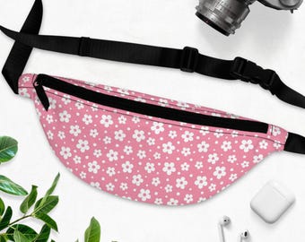 White Daisy Pattern Fanny Pack | Pink Floral Waist Bag